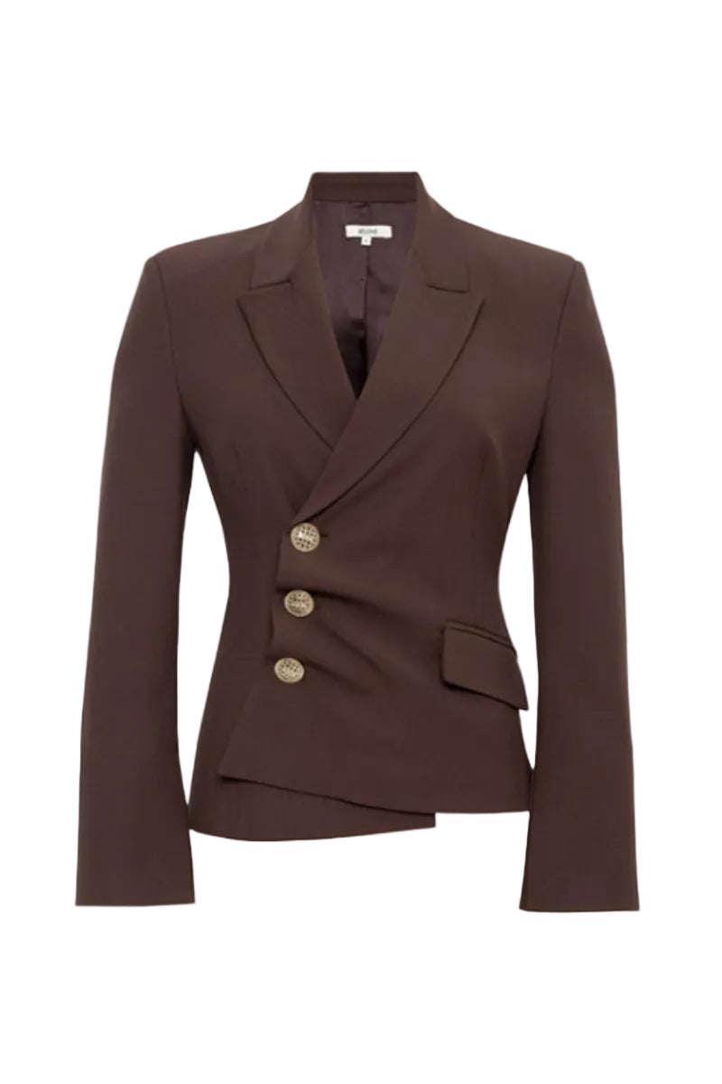 SÉLONE Oris asymmetric tailored blazer in rich chocolate color, featuring a modern fit and stylish design.