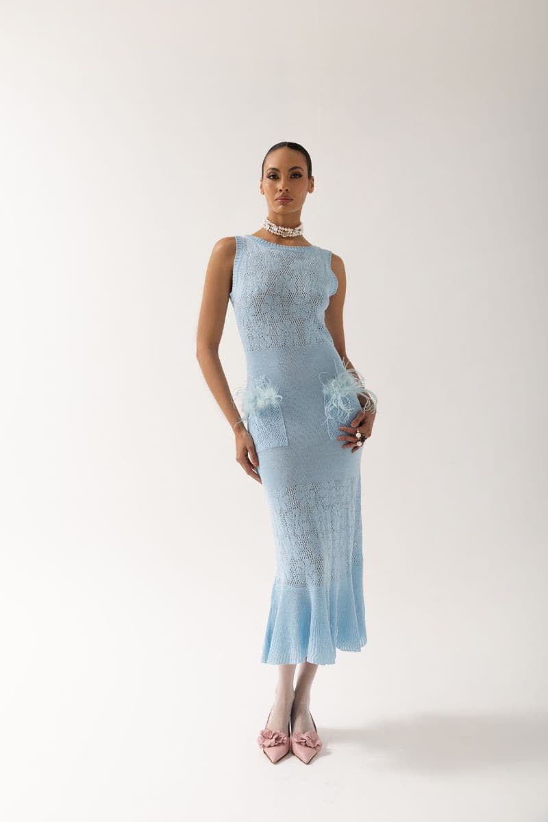 BLUE KNIT MIDI DRESS WITH FEATHERS | CULT MIA | Andreeva BLUE KNIT MIDI DRESS WITH FEATHERS | CULT MIA | Andreeva