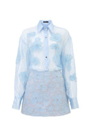 Blue shiny silk floral co-ord set by 21Six featuring a stylish shirt and matching skirt for elegant wear.
