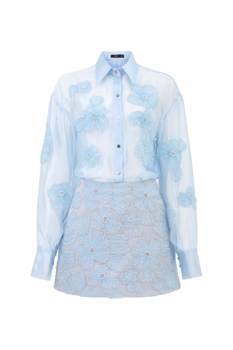 Blue shiny silk floral co-ord set by 21Six featuring a stylish shirt and matching skirt for elegant wear.