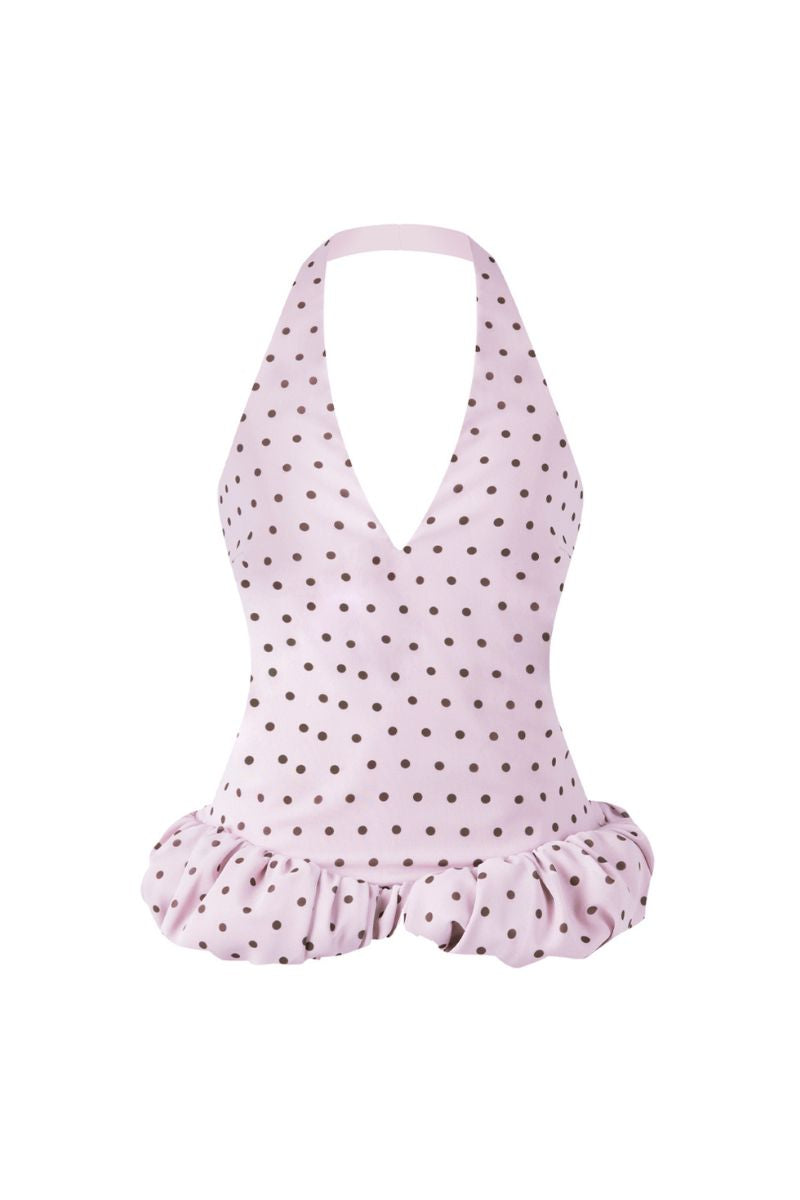Stolen Stores purple polka dot mini crop top with long sleeves, featuring a trendy Kapi design and stylish fit.