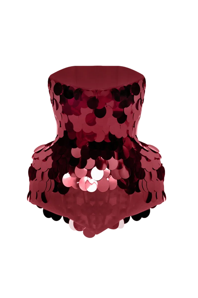 Sequin burgundy corset top by BALYKINA featuring sparkling sequins and structured fit, displayed on a neutral background.