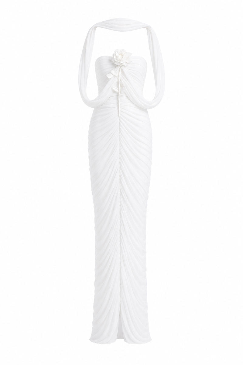 White Plan Sedley dress gown featuring elegant fabric and a flowing silhouette, displayed on a mannequin.