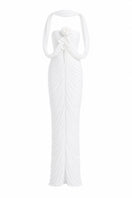 White Plan Sedley dress gown featuring elegant fabric and a flowing silhouette, displayed on a mannequin.