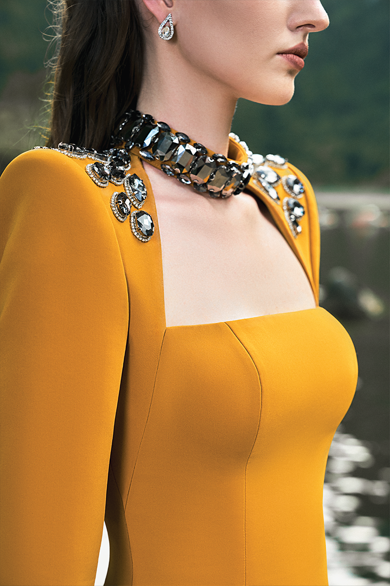 YELLOW CHOKER SHOULDER STONE EMBELLISHED GOWN - CULT MIA