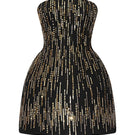 CEM black strapless mini dress with embellishments, fitted style, showing the dress on a model against a neutral background.