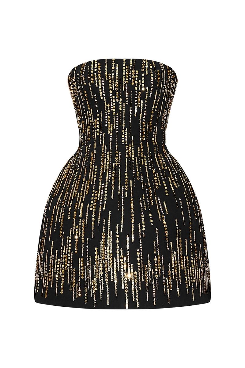 STRAPLESS BLACK EMBELLISHMENT MINI DRESS - CULT MIA