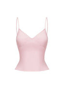 Pink Nana Jacqueline Carrie top with ruffled sleeves and V-neck, displayed on a hanger against a neutral background.