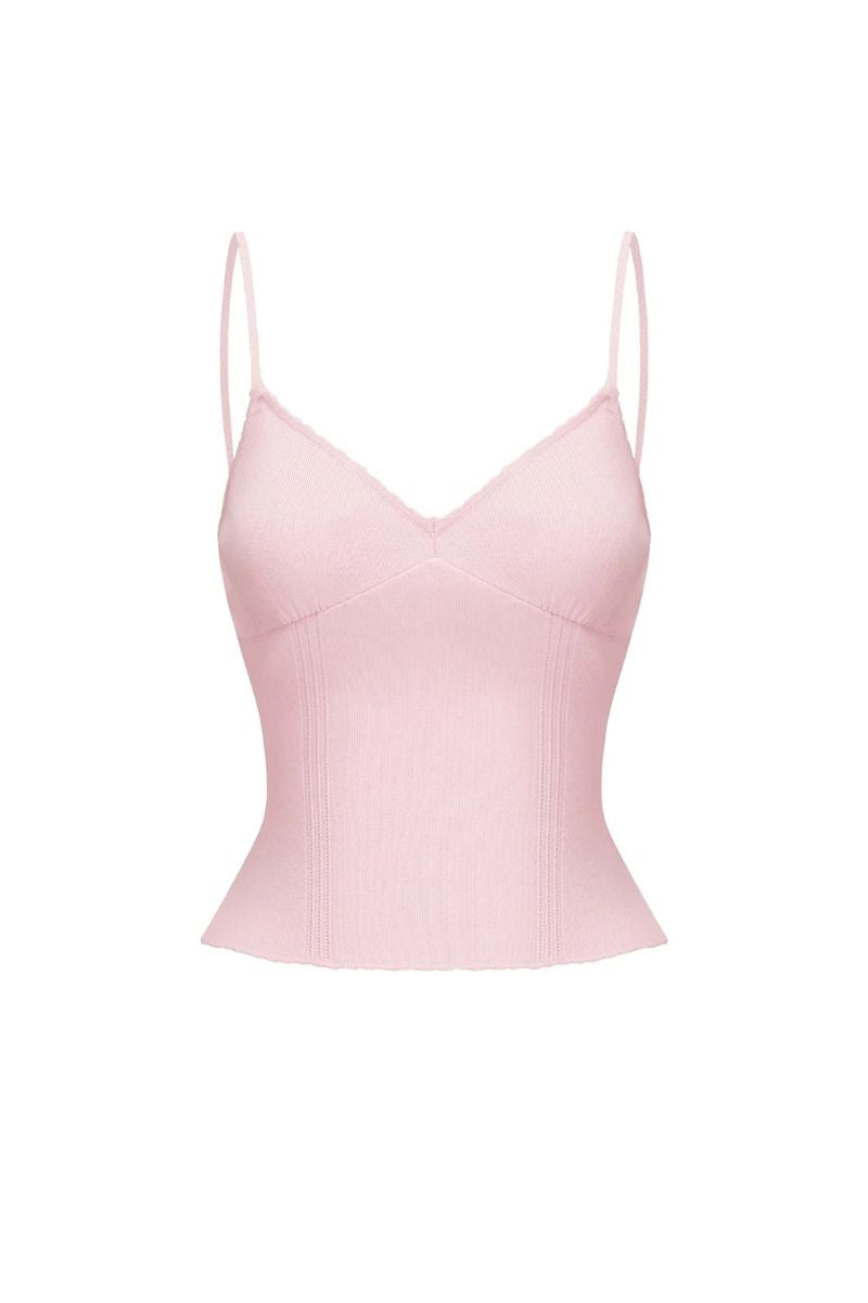 Pink Nana Jacqueline Carrie top with ruffled sleeves and V-neck, displayed on a hanger against a neutral background.