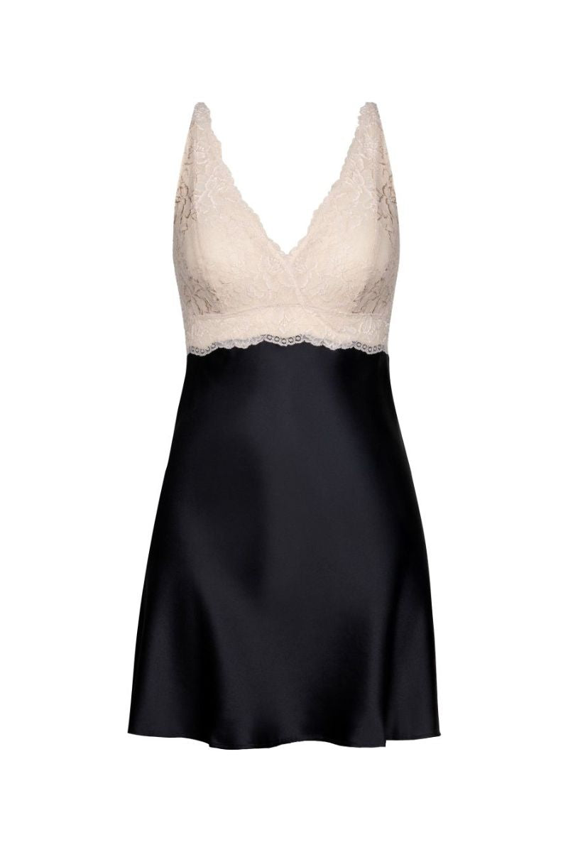 NK IMODE CULT MIA X NK IMODE Morgan black bust support chemise nightgown, sleek and fitted with adjustable straps.