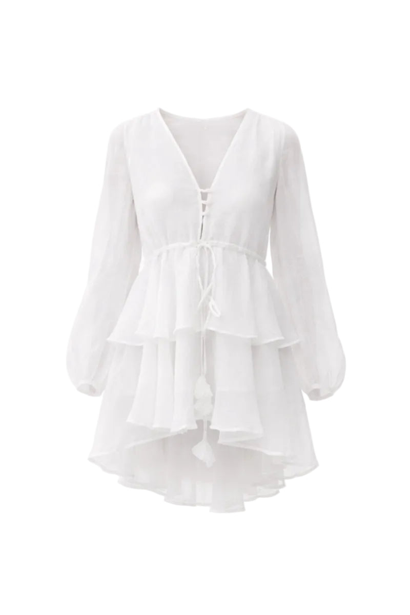 White Sofia mini dress by Kontenta, featuring a stylish, fitted design perfect for casual or semi-formal occasions.