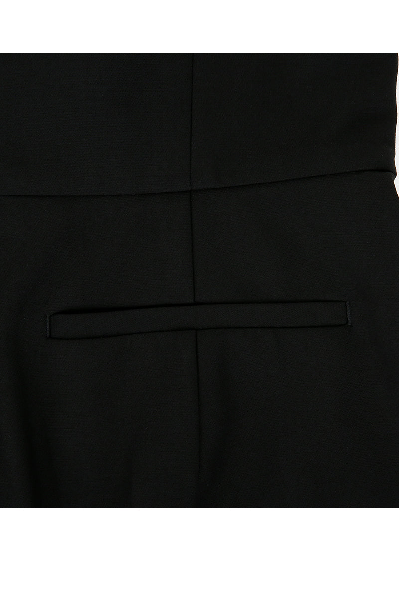 Black asymmetric-beck sleeveless jumpsuit by JINSUN, featuring a stylish, modern design with a fitted silhouette and unique neckline.