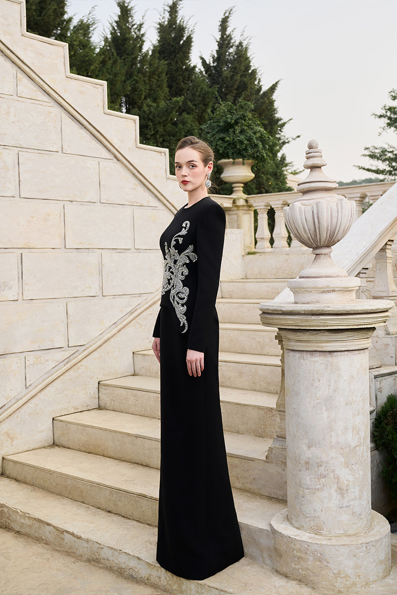 black velvet and satin dress Velvet and satin maxi dress with a slit Color: Black-White RASARIO Online Boutique 46 (FR) / Black-White