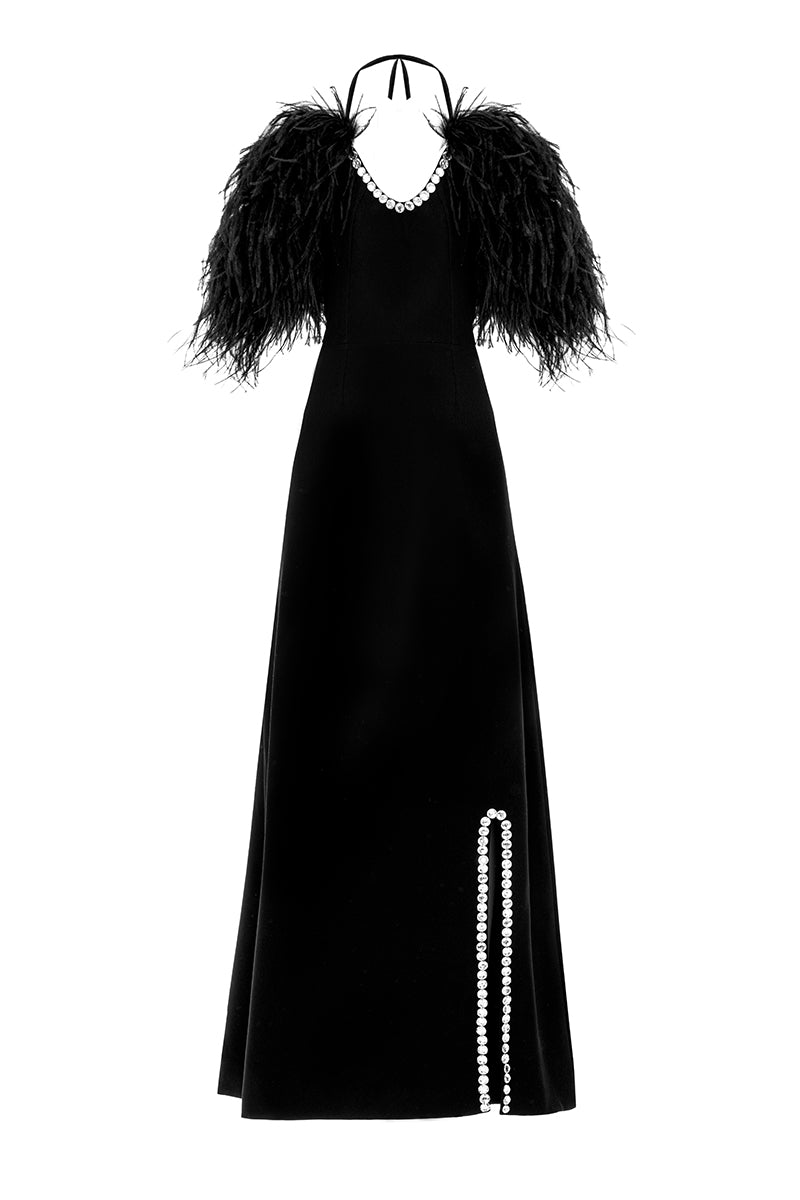 CULT MIA X MONIKA DIMOVA BLACK CREPE EMBROIDERED FEATHER GOWN - CULT MIA