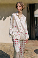 KIKI Cherry Cat 22 Momme Silk Long Pajama Set in soft pink, featuring a comfortable loungewear design with cherry cat pattern.
