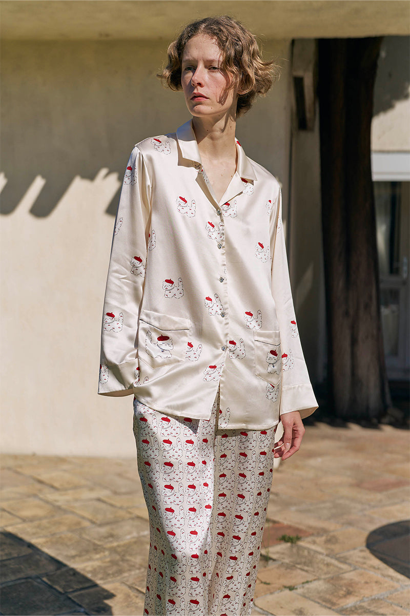 KIKI Cherry Cat 22 Momme Silk Long Pajama Set in soft pink, featuring a comfortable loungewear design with cherry cat pattern.
