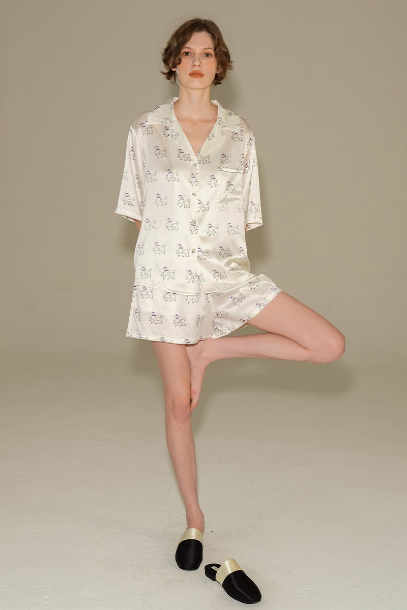 DIAMOND POODLES WHITE SILK PAJAMAS SHORT SET - CULT MIA