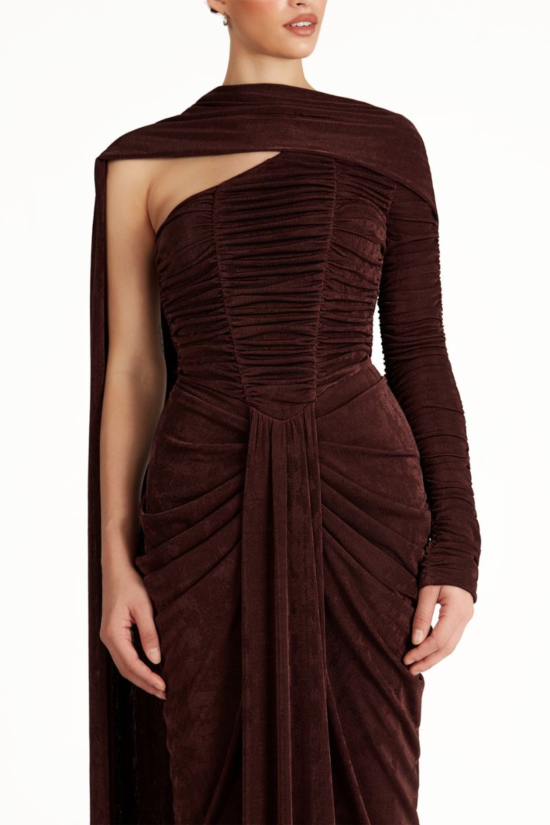 KEMMIYE brown maxi dress by Khanum's, flowing fabric with a stylish, elegant design ideal for casual or formal wear.