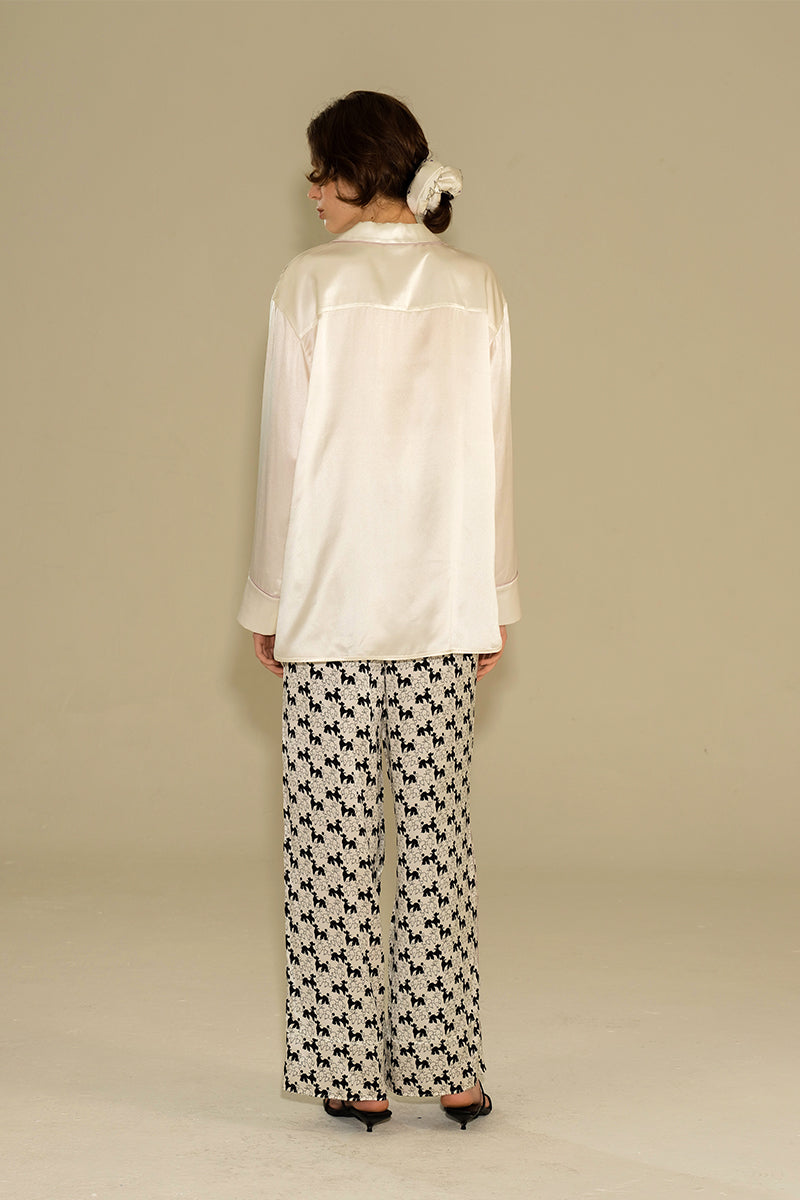 Contrast silk pajamas set featuring diamond poodle patterns, designed for comfortable loungewear by Not Just Pajama.