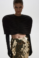 Black stretch cape jacket by Balykina, featuring a flowing design and elegant drape, perfect for stylish layering.