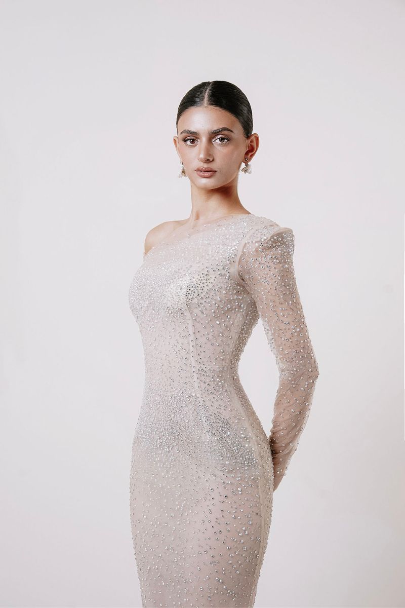 HACCHIC COUTURE CRYSTAL LONG SLEEVES GOWN IN NEUTRAL | Cult Mia HACCHIC COUTURE CRYSTAL LONG SLEEVES GOWN IN NEUTRAL | Cult Mia