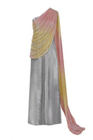 Elegant draped chiffon sequin gown by AKHL featuring flowing fabric and sparkling embellishments for formal occasions.