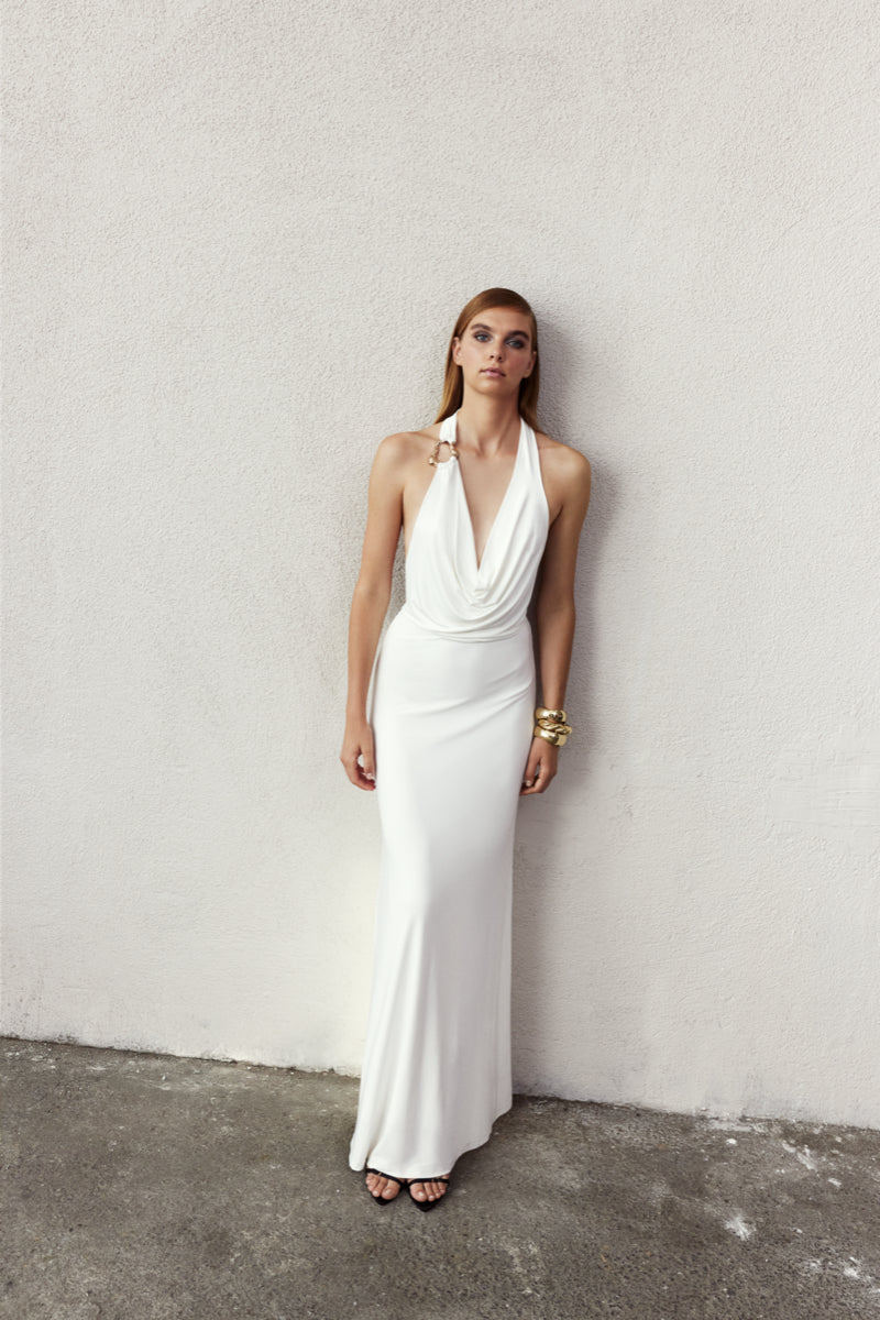 Nazlı Ceren Dakota long jersey maxi dress in white, flowing fabric with a relaxed fit and elegant design.