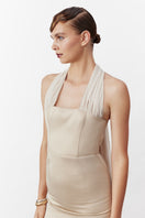 Nazlı Ceren Clarine long maxi dress in Cuban Sand fabric, flowing design with elegant neckline and lightweight material.