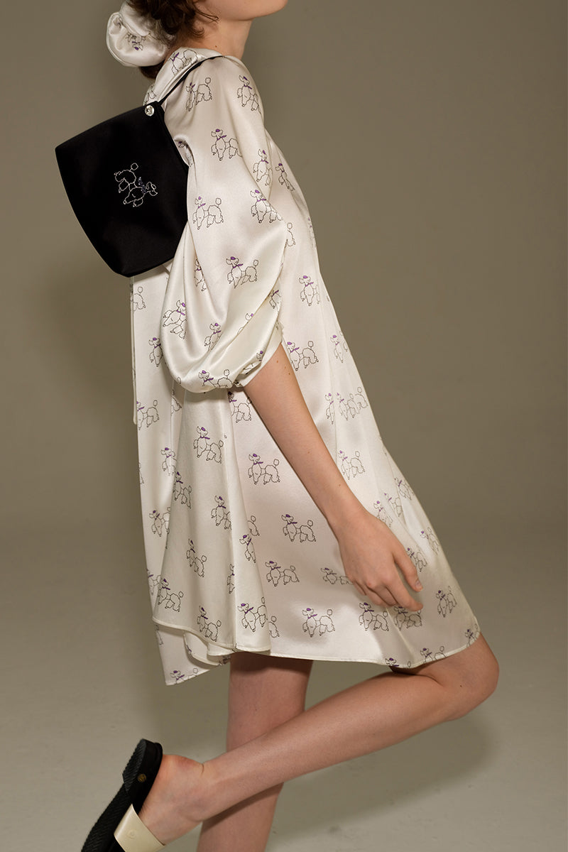 DIAMOND POODLES WHITE SILK PUFF SLEEVE DRESS - CULT MIA