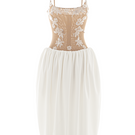 Poem Lorien midi dress in nude and white with a flowing silhouette, featuring delicate fabric and elegant design.