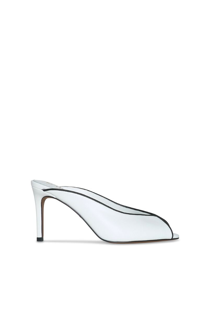 White RIVA heel in 10TH FLOOR heels collection, showcasing stylish high-heeled footwear with elegant design and sleek finish.