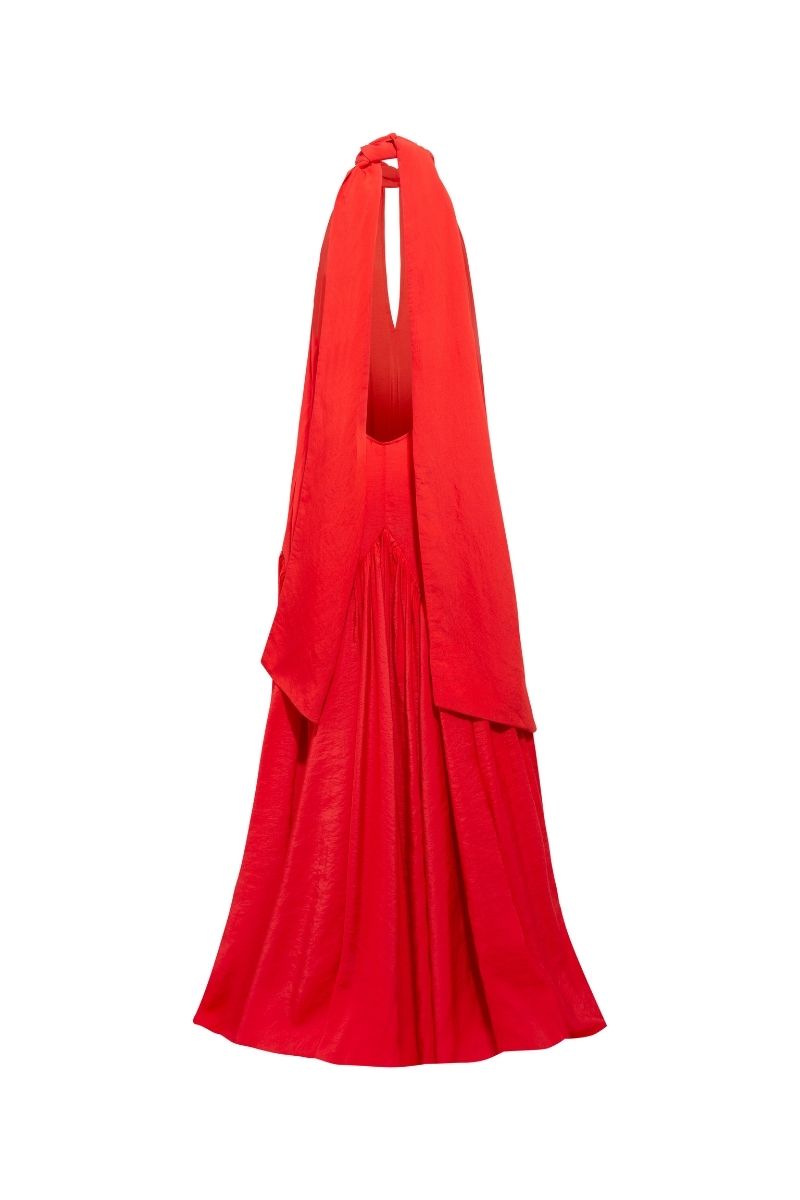 Sisters Talia Maxi Dress in Scarlet Bloom with flowing fabric and floral pattern, perfect for elegant summer occasions.