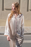 Silk long pajama set in blush pink from Not Just Pajama, featuring a comfortable, elegant sleepwear design.