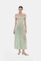 Mint off-shoulder midi dress by Montsand, featuring a flowy silhouette, short sleeves, and elegant design for casual or dressy occasions.