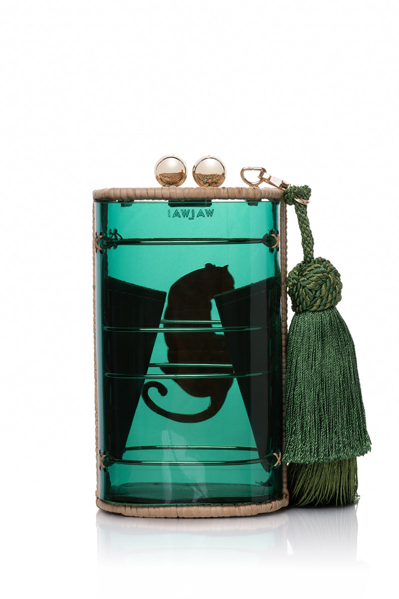 Waiwai Rio Cantil Green Jaguar shoulder bag with adjustable strap, featuring a vibrant green and jaguar print design.