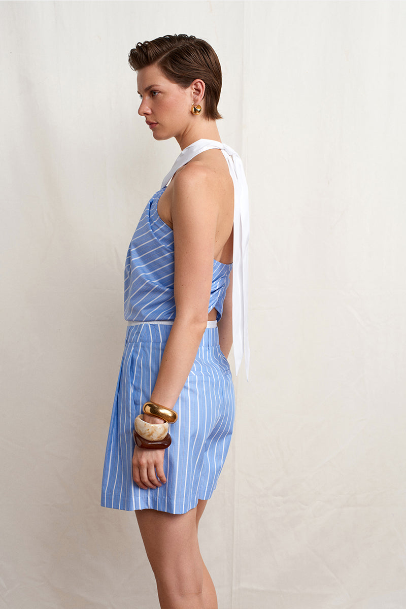 Blue striped Soulmate Twill Shorts by Acaria Studio, showing the relaxed fit and stylish design on a neutral background.