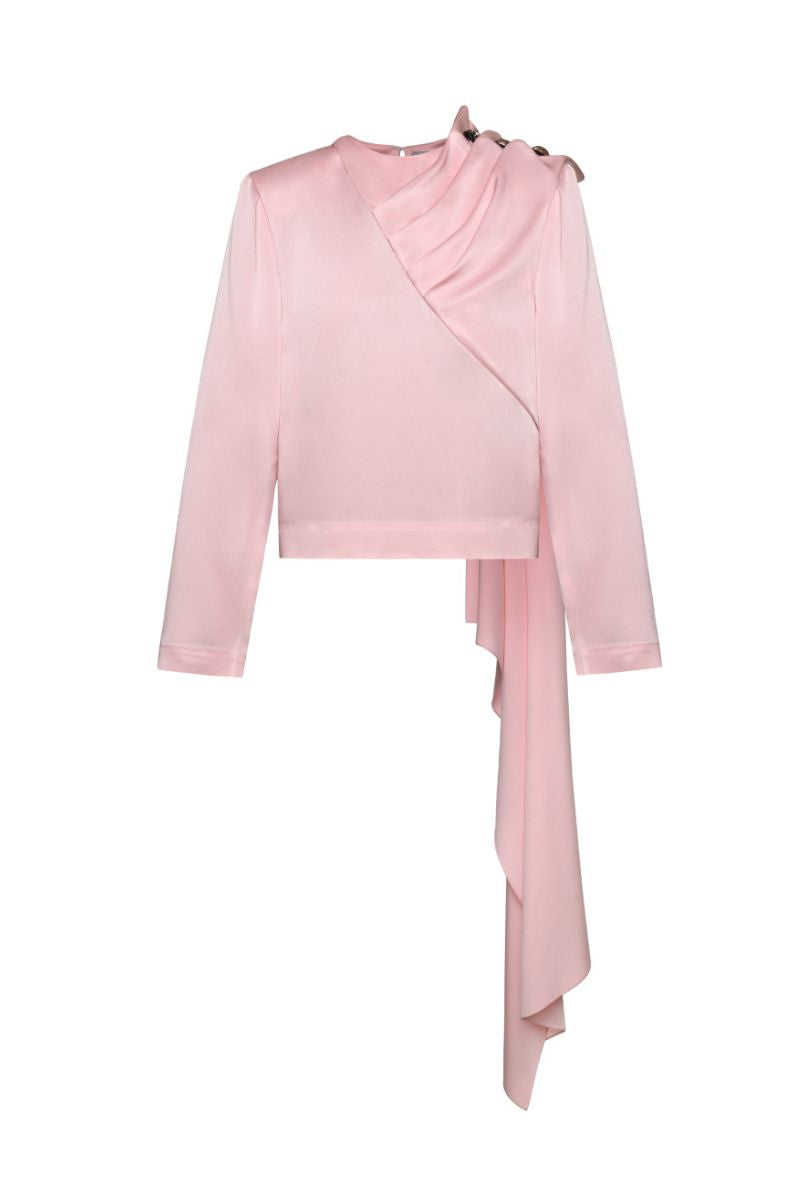 PINK LONG SLEEVE DRAPED BLOUSE - CULT MIA