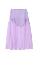 Chictopia Lois lilac midi skirt shown on a model with a flowy, elegant design perfect for stylish outfits.