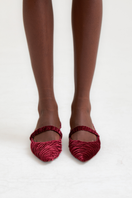 Christin Wu Salma maroon velour mules heels showing a stylish slip-on design with a rounded toe and plush velour fabric.