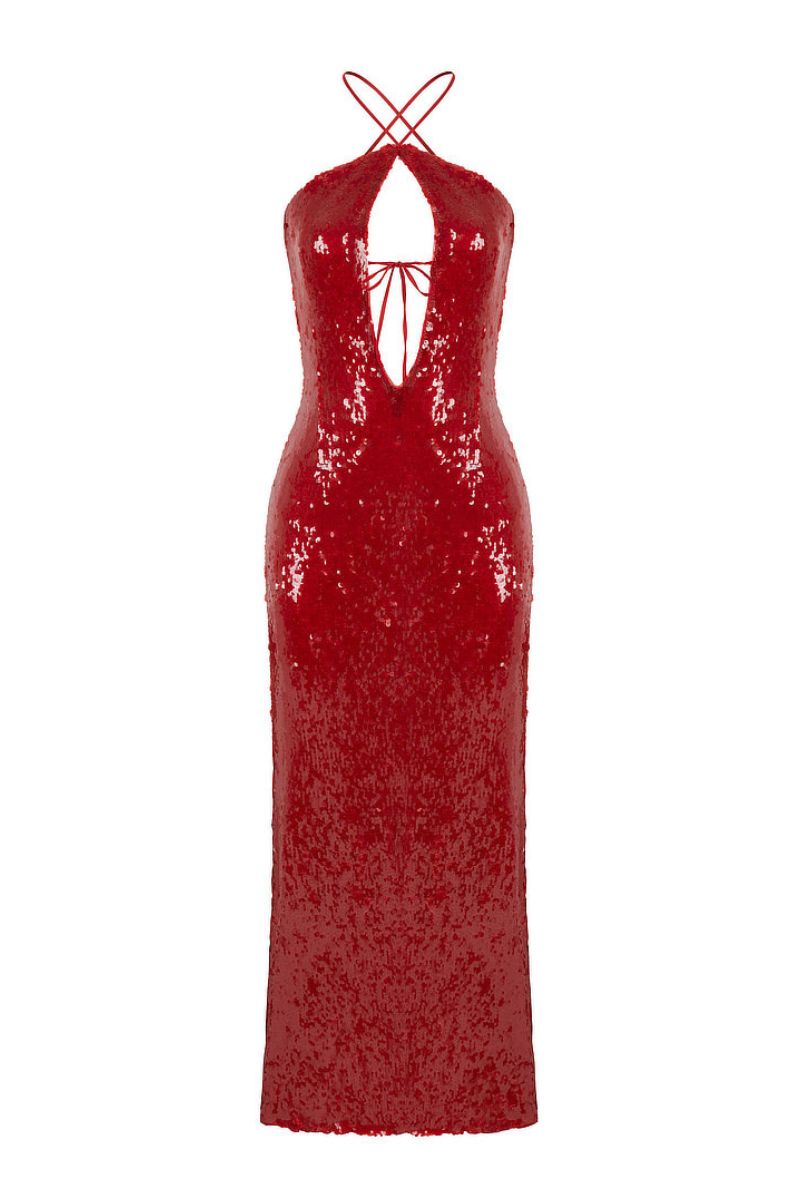 RED SEQUIN CUT-OUT MIDI DRESS - CULT MIA