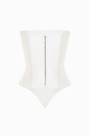 BalYKINA satin corset top with angled design, featuring smooth fabric and structured fit, perfect for stylish evening wear.