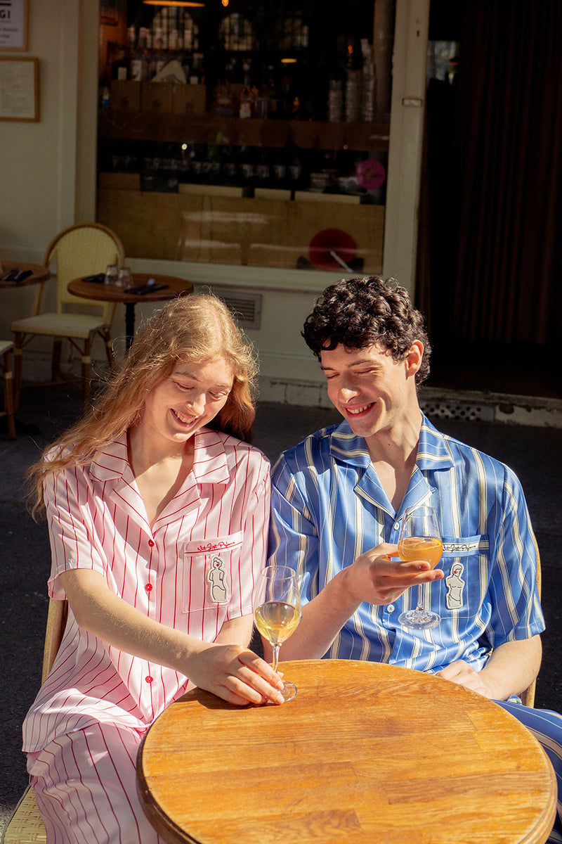 MUSEUM OF CRUSH SHORT-SLEEVE LONG-PANTS PAJAMA SET IN PINK STRIPE - CULT MIA