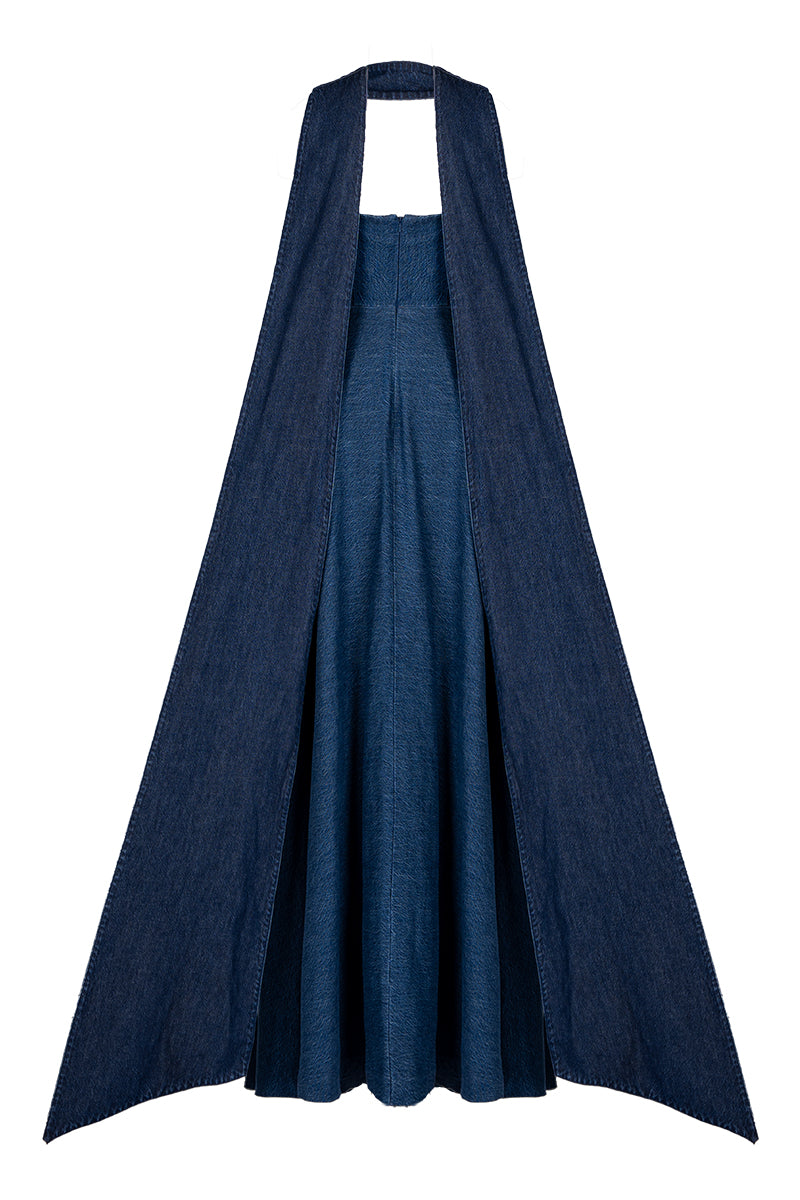 Blue strapless gown by GVLUX with crystal-embellished marblewood embroidery, flowing fabric and elegant design.
