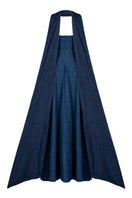 Blue strapless gown by GVLUX with crystal-embroidered marblewood detailing, elegant and flowing fabric design.
