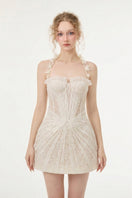 Beige Eveline lace mini dress by 21Six featuring intricate lace details and a fitted silhouette.