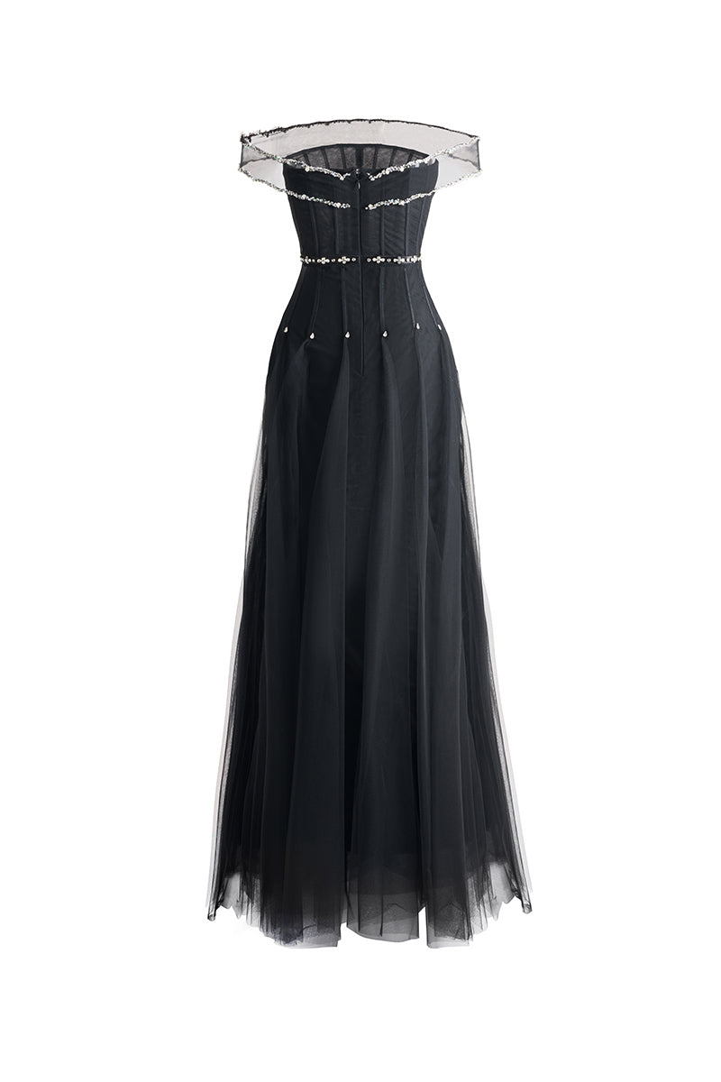 BLACK OFF SHOULDER ORGANZA MAXI DRESS - CULT MIA