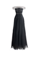 Black off-shoulder organza gown by Happy Clothing, elegant formal dress with flowing fabric and off-shoulder design.