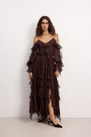 Overthesea Morning Forest brown maxi dress with a flowing silhouette and floral pattern, perfect for casual or summer wear.