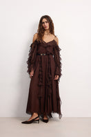 OvertheSea Morning Forest Brown maxi dress with floral pattern, flowing fabric, and sleeveless design, perfect for summer wear.