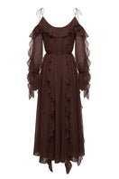 OvertheSea Morning Forest Brown Maxi Dress featuring a flowing silhouette and earthy print, perfect for casual or special occasions.